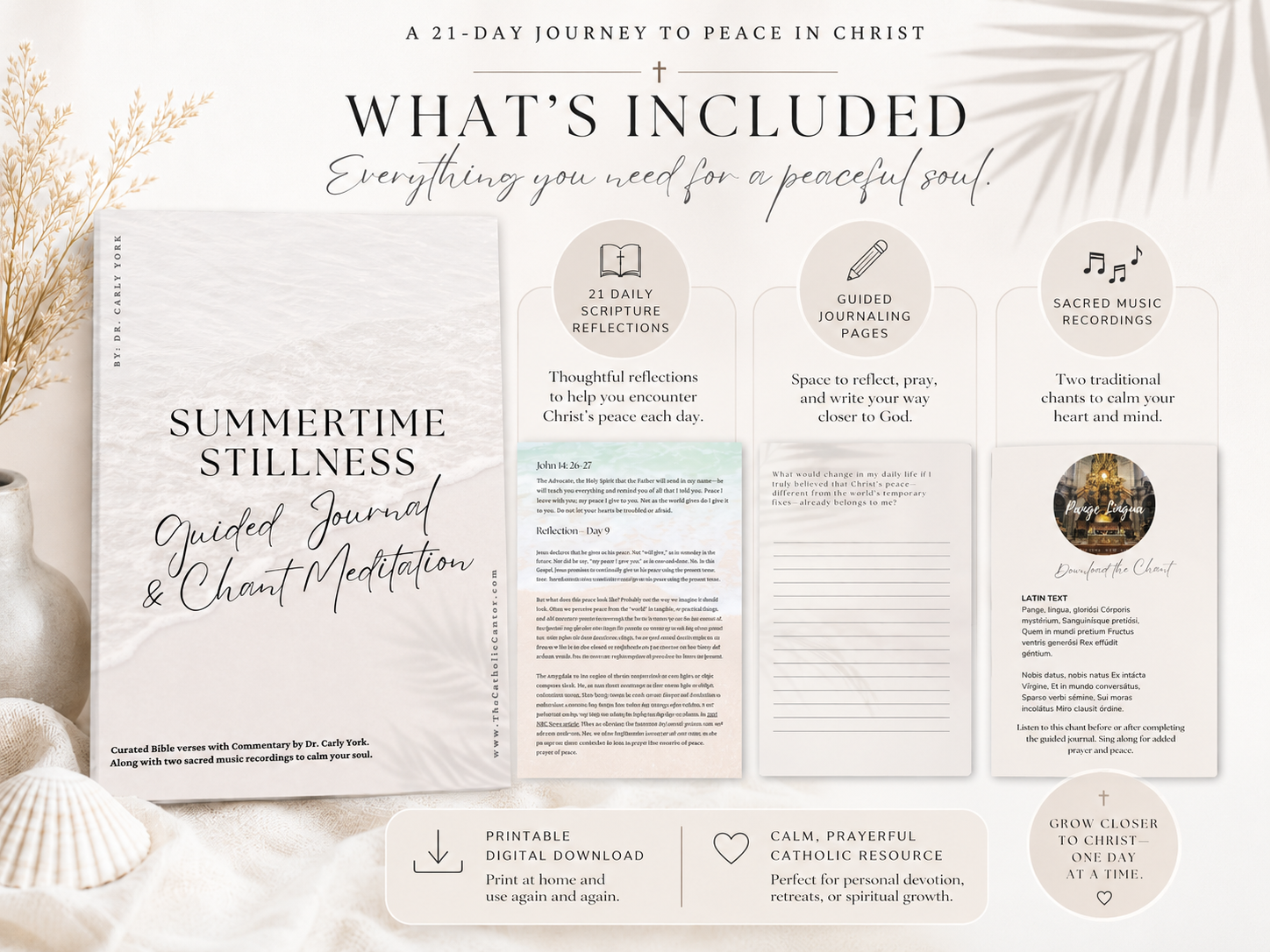 Everything included in Summertime Stillness — 21 daily Scripture reflections, guided journaling pages, and sacred music recordings