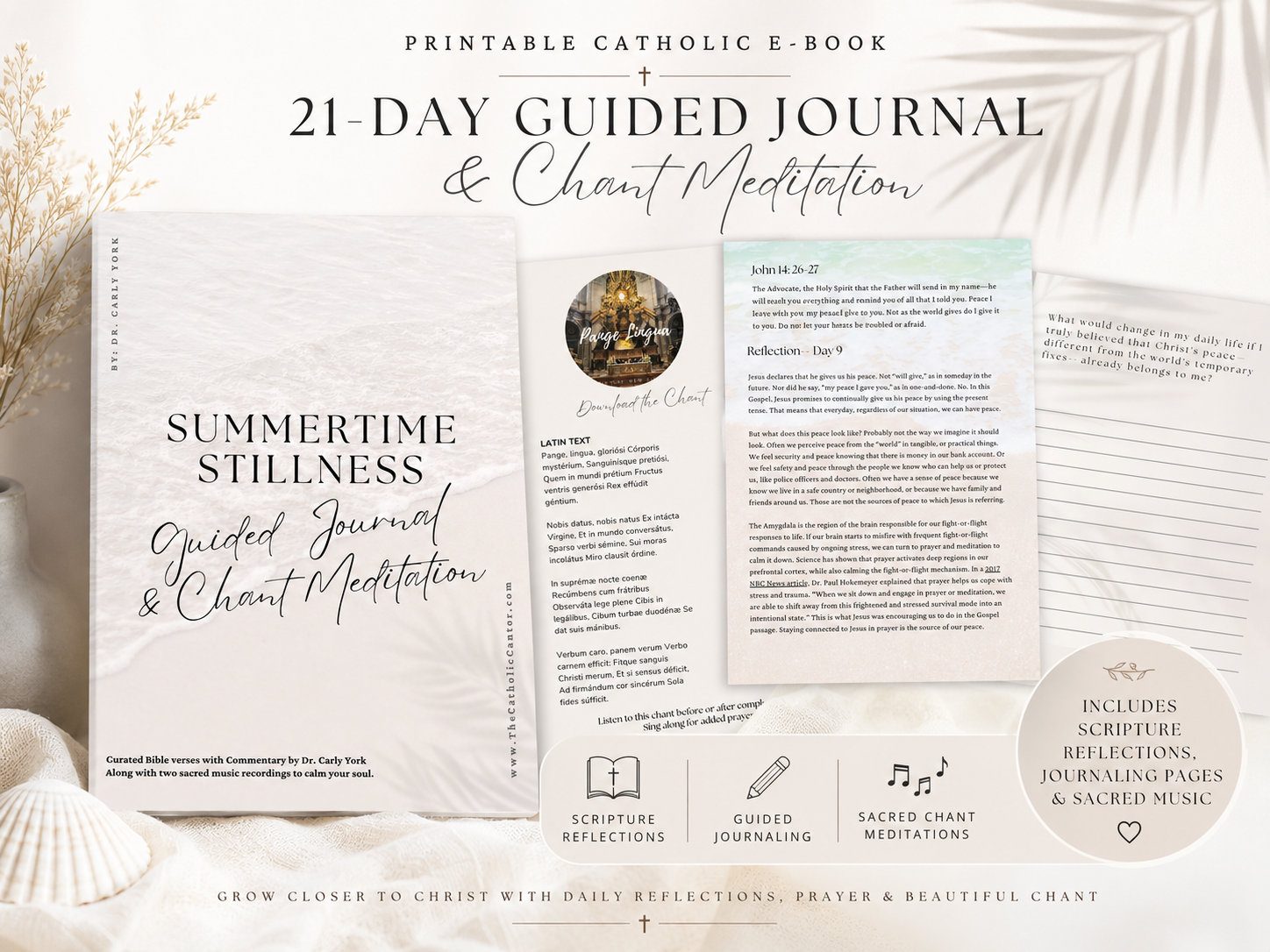 Inside the Summertime Stillness guided journal, 21-day layout with Scripture, reflection, and chant