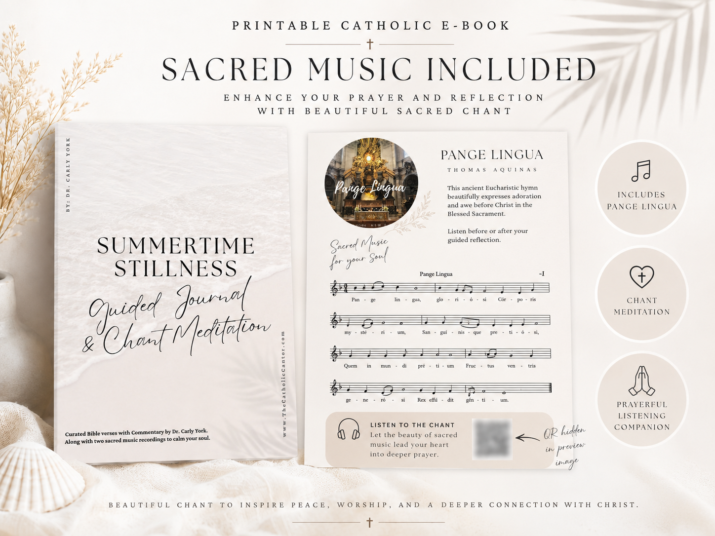 Sacred music included, Pange Lingua Gregorian chant recording with sheet music and QR code access